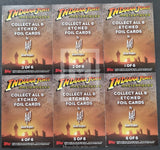 Set of six Indiana Jones trading card packages with foil cards on a dark background.