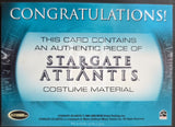 Card with text about Stargate Atlantis costume material, featuring a blue and white design.