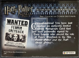 Harry Potter autograph card for Fenrir Greyback with 'Wanted' poster and text.