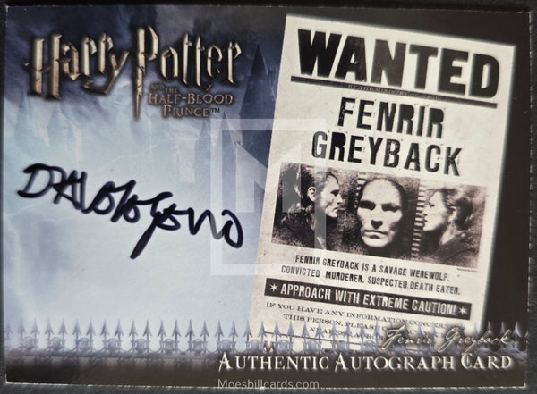Harry Potter and the Half-Blood Prince trading card featuring Fenrir Greyback's 'Wanted' poster with an autograph.