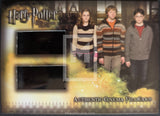 Three people standing together with a 'Harry Potter' themed border and text.