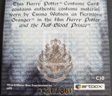 Harry Potter costume card with Hogwarts crest and text about Emma Watson's Hermione Granger in 'Half-Blood Prince'.