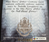 Harry Potter costume card with Hogwarts crest and text about the card's authenticity.