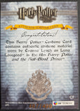 Harry Potter costume card with Hogwarts crest and text about authentic costume material