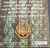 Harry Potter-themed prop card with Hogwarts crest and text about the material used in 'Harry Potter and the Half-Blood Prince'.