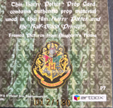Harry Potter-themed prop card with Hogwarts crest and text about film use