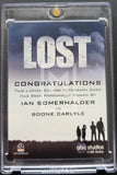 A signed autograph card for the TV show Lost, featuring a clear plastic protective case. The card is personally signed by actor Ian Somerhalder as Boone Carlyle.