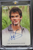 An autographed collectible trading card of Ian Somerhalder from the TV show Lost, sealed inside a clear plastic protective case. The card features a portrait of Ian Somerhalder with a blue ink signature across the bottom.