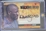 Trading card of Lennie James as Morgan from 'The Walking Dead' with autograph, in clear packaging.