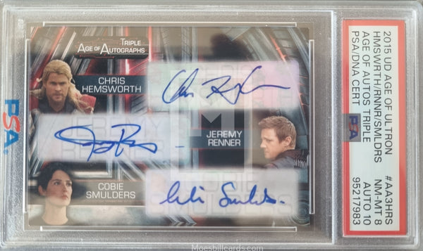 Trading card with autographs of Chris Hemsworth, Jeremy Renner, and Cobie Smulders, featuring a PSA grading label.