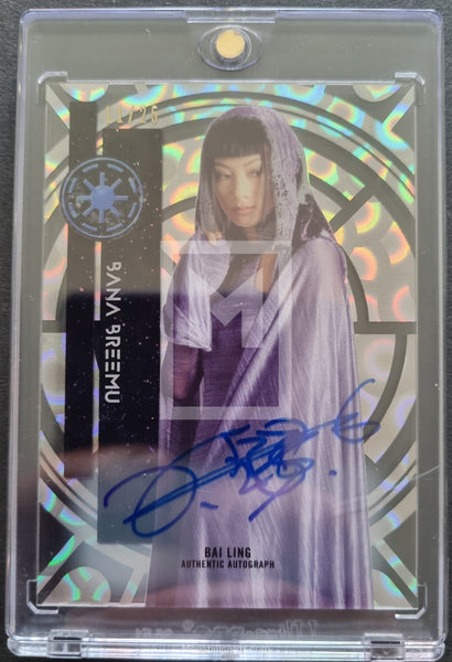 2015 Topps Star Wars High Tek Autograph Trading Card 49 Bai Ling as Bana Breemu Cloud Diffractors Parallel Form 1 Pattern 1 Emperors Throne Room Window Front