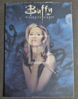 Promotional card for 'Buffy the Vampire Slayer' with a character holding a stake against a blue background.