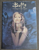 Promotional card for 'Buffy the Vampire Slayer' with a character holding a stake against a blue background.