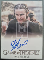 Trading card of Faye Marsay from 'Game of Thrones' with signature and logo.