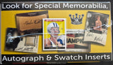 Card packaging with autograph and swatch inserts featuring sports memorabilia.