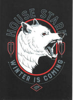 T-shirt design with a wolf head and 'House Stark Winter is Coming' text on a black background