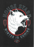 T-shirt design with a wolf head and 'House Stark Winter is Coming' text on a black background