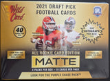 2021 Draft Pick Football Cards packaging with two players on a gold background