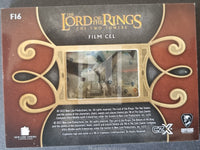 Packaging of a 'The Lord of the Rings' film cel with decorative design.
