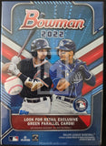 Bowman 2022 baseball trading card packaging with two players on a blue background