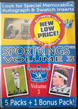 Sportkings Volume 3 trading card book with promotional text and images of cards on a yellow and red background.