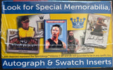 Sports trading card pack with images of athletes and autograph inserts on a blue and yellow background.