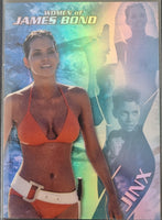 Card featuring a woman in an orange bikini with 'Women of James Bond' text and a colorful background.