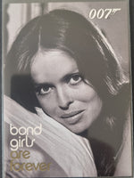 Black and white image of a woman with '007' branding, text 'bond girls are forever' on a gray background