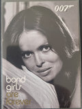 Black and white image of a woman with '007' branding, text 'bond girls are forever' on a gray background