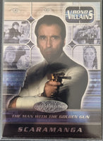 Trading card featuring a character from 'The Man with the Golden Gun' with a gun, surrounded by other faces, on a 'Bond Villains' theme.