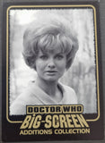 Vintage-style card featuring a black and white photo of a woman with 'Doctor Who Big-Screen Additions Collection' text.