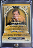 Trading card featuring William Shatner with a gold border and text
