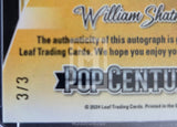 Trading card with 'William Shatner' and 'Pop Century' branding, featuring text about autograph authenticity.