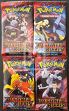 Four packs of Pokemon Trading Card Game 'Destined Rivals' on a black background