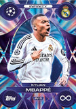 Soccer trading card featuring Kylian Mbappé with a colorful border and branding elements.