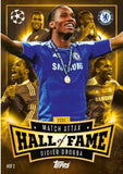 Card featuring Didier Drogba with Chelsea logo and Samsung sponsorship, labeled 'Hall of Fame' by Topps.