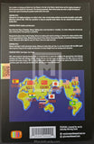 Back cover of a book or product with world map and flags, featuring a colorful design.