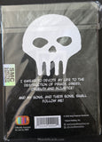 Packaged product with a white skull design and text on a black background