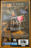 Back cover of a trading card game packaging for 'The X-Files' with character images and text.