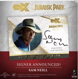 A collectible CZX Jurassic Park signed autograph card featuring Sam Neill as Dr. Alan Grant, displayed on a textured gray and dark red background with promotional text.