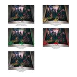 Set of five trading cards featuring a character from 'Jurassic Park' on a white background.