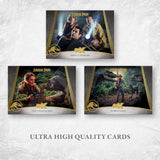 Three Jurassic Park trading cards displayed on a light textured background, with the text 'ULTRA HIGH QUALITY CARDS' below. with Jurassic Park and Jurassic World EX branding.