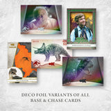 Five Jurassic Park trading cards displayed on a light textured background, with text below reading 'DECO FOIL VARIANTS OF ALL BASE & CHASE CARDS.' Cards shown include character and dinosaur designs with foil effects in purple, green, orange, and gray tones.