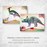 Two Jurassic Park production concept cards displayed on a light textured background, with text below reading 'PRODUCTION CONCEPT CARDS: DINOSAUR IMAGES ON EYE-CATCHING RAINBOW FOIL'. The cards feature illustrated dinosaurs and rainbow foil effects.