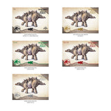 Five dinosaur trading card designs arranged on a white background, each showing a baby Stegosaurus illustration with different colorways and card details.