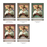 Five collectible trading card foil variants arranged in a 2x3 grid on a white background, each showing a portrait of a man in a hat with text labels beneath them. The cards feature different foil colors: black, gold, green, red, and silver.