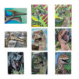 A 3x3 grid of nine colorful dinosaur paintings on canvas, featuring various species like Pterosaurs, T-Rex, and Velociraptors in vibrant, hand-painted styles against a white background.