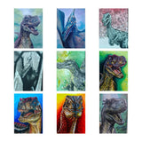 Set of nine dinosaur illustrations in various colors and styles.