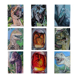 A 3x3 grid of nine square art prints or cards, each showing a different dinosaur illustration in a colorful, sketch-like style on a white background.