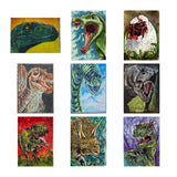 Set of nine small paintings of various dinosaur illustrations on a white background.
